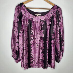 Nanette Lepore Womens 100% Silk Purple Floral Blouse Size 10 3/4 Sleeve Career
